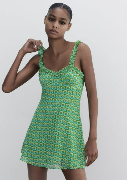 Green Ruffled Strap Mini Dress