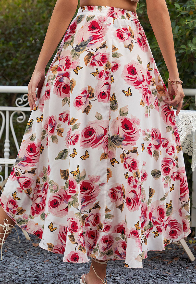 High Waist Printed Hi-low Skirt