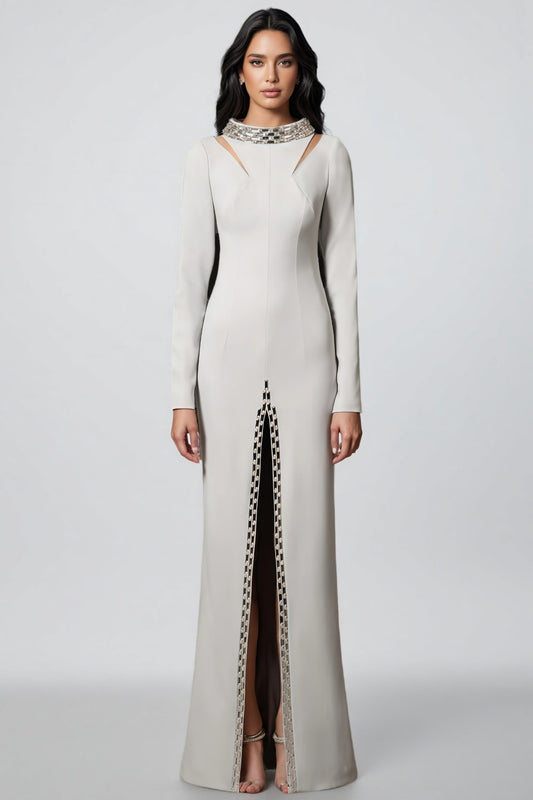 Aislety White Slit Openwork Beaded Maxi Dress
