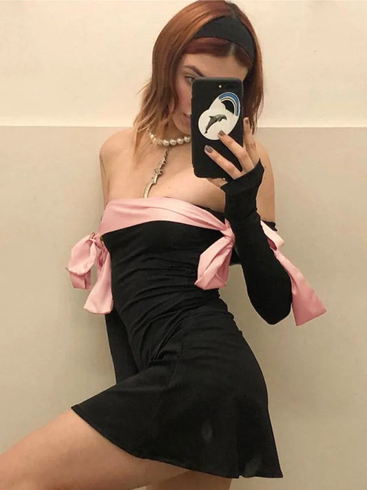 Julissa Mo Autumn Strapless Long Sleeve Bow Mini Dress for Slim A-line Outfits Patchowrk Dress New