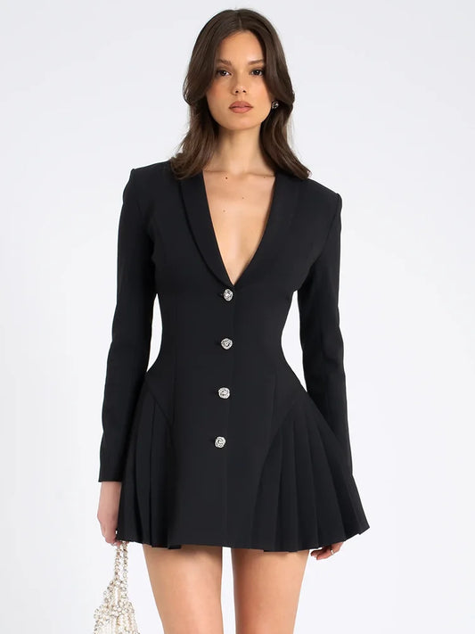 Autumn Black Blazer Mini Dress for V Neck Single-breasted Long Sleeve High Waist Pleated Dress