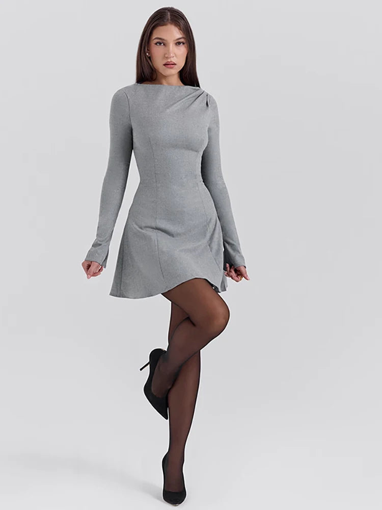 Julissa Mo Round Neck Dress Black Long Sleeve High Waist Mini Dress Female Autumn A-line Slim Party Clubwear