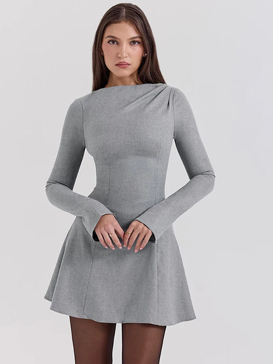Julissa Mo Round Neck Dress Black Long Sleeve High Waist Mini Dress Female Autumn A-line Slim Party Clubwear