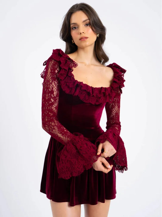 Julissa Mo Patchwork Flare Sleeve Lace Mini Dress See Through High Waist Dress Female Winter New Party Outfit