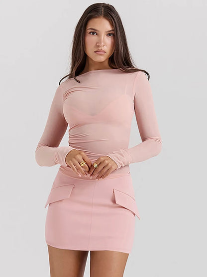 Julissa Mo Patchwork Round Neck 3 Piece Sets Skirt Suit Pink Long Sleeve T-shirt Mini Skirt Autumn Slim Skirt Sets