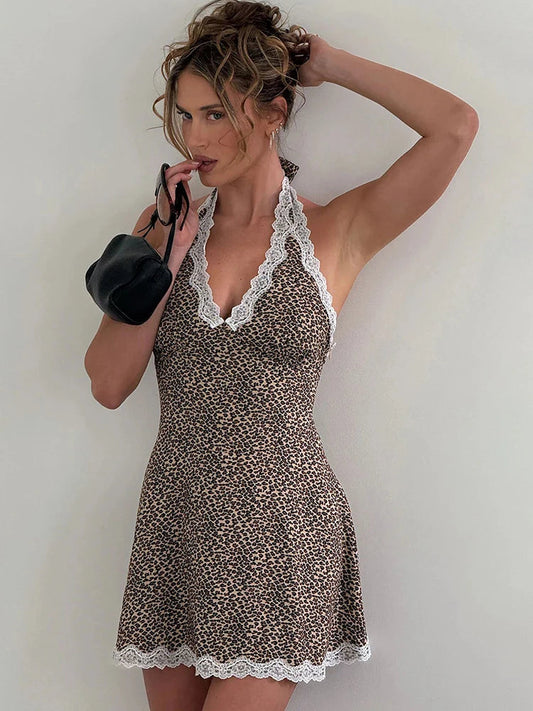 Leopard Patchwork Halter Mini Dress