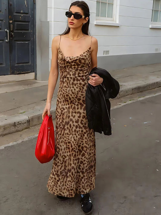 Julissa Mo Backless Print Leopard Maxi Dress Spaghrtti Strap High Waist Dresses Summer Skinny Party Clubwear