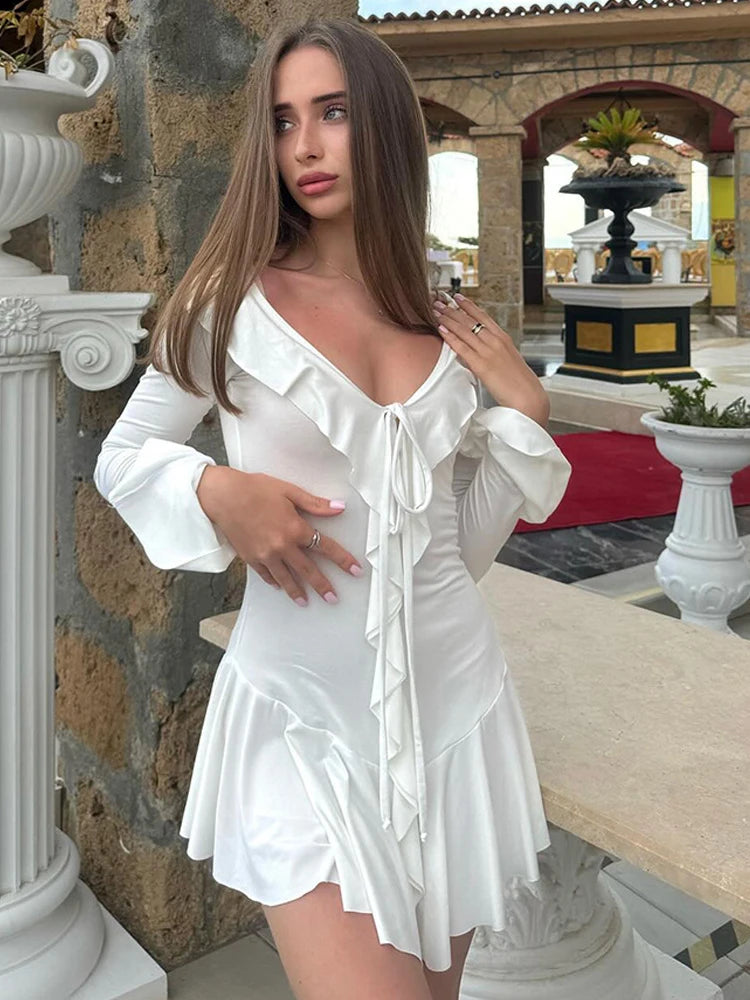 Julissa Mo Deep V-neck Ruffles Bandage Dress White Flare Sleeve Mini Dress Female Autumn Slim Beach Partywear