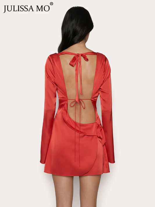 Julissamo New Backless Bandage Irregular Satin Mini Dress for Party Clubwear Long Sleeve Dresses