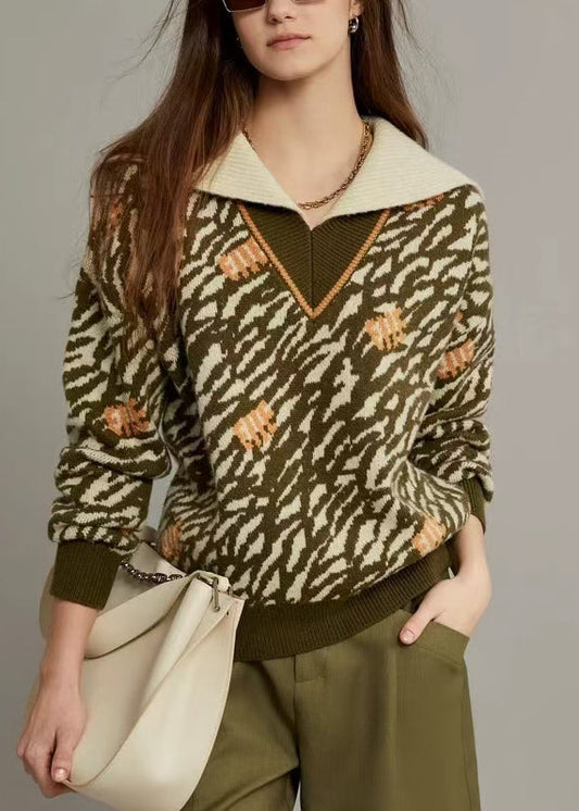 Jacquard Army Green Sailor Collar Cozy Knit Sweater Winter Wk006