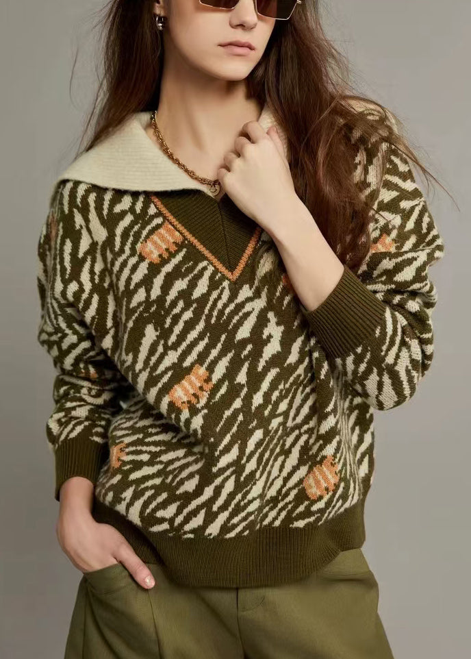 Jacquard Army Green Sailor Collar Cozy Knit Sweater Winter Wk006