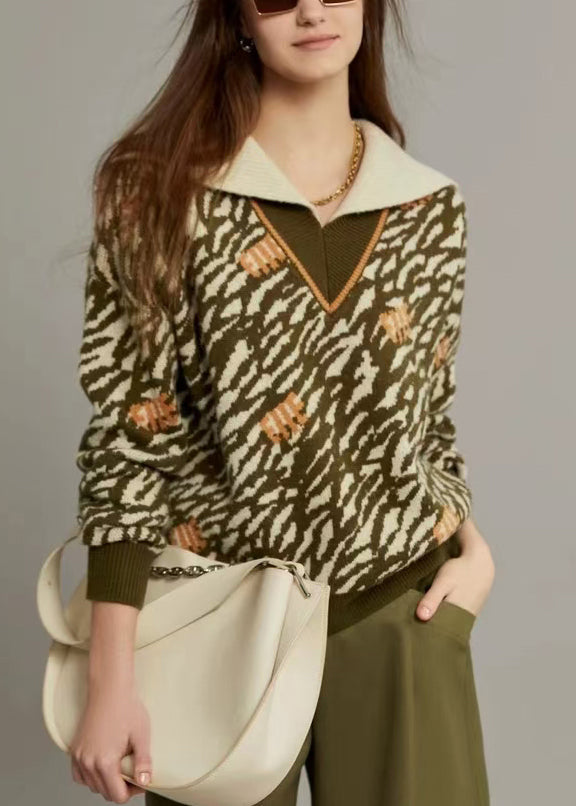 Jacquard Army Green Sailor Collar Cozy Knit Sweater Winter Wk006