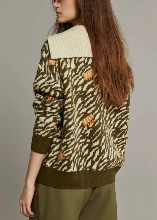 Jacquard Army Green Sailor Collar Cozy Knit Sweater Winter Wk006