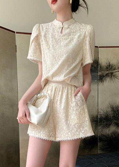 Jacquard Beige Stand Collar Lace Patchwork Chiffon Shirts and Shorts Two Pieces Set Summer Ww002