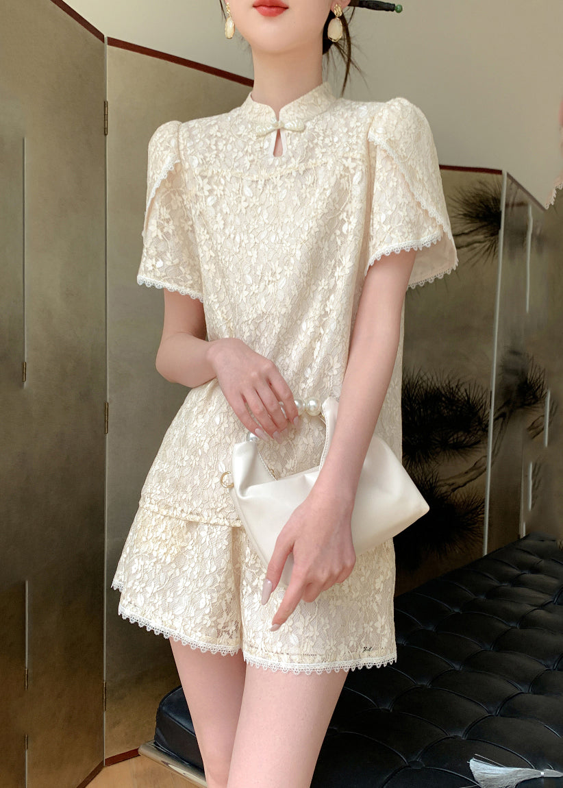 Jacquard Beige Stand Collar Lace Patchwork Chiffon Shirts and Shorts Two Pieces Set Summer Ww002
