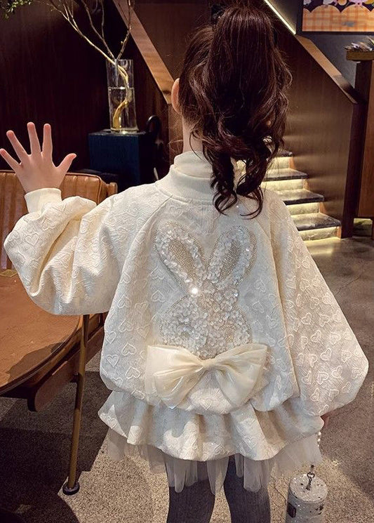 Jacquard Beige Stand Collar Sequins Zippered Kids Coats Fall Qv028