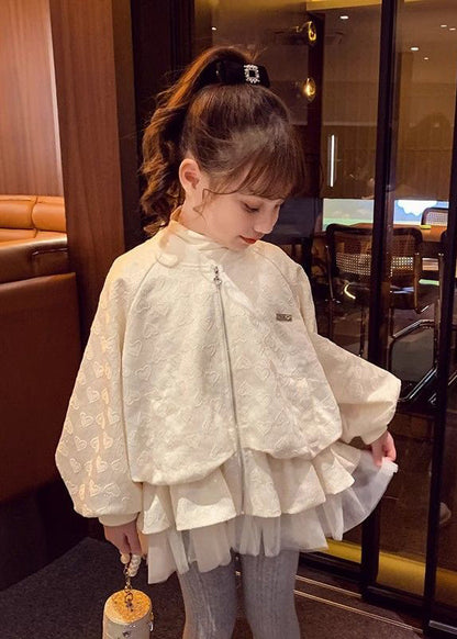 Jacquard Beige Stand Collar Sequins Zippered Kids Coats Fall Qv028