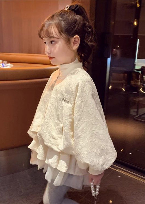 Jacquard Beige Stand Collar Sequins Zippered Kids Coats Fall Qv028