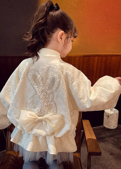 Jacquard Beige Stand Collar Sequins Zippered Kids Coats Fall Qv028