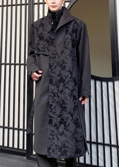 Jacquard Black Asymmetrical Tie Waist Trench Coat Winter Ro024