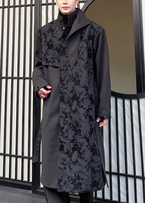 Jacquard Black Asymmetrical Tie Waist Trench Coat Winter Ro024