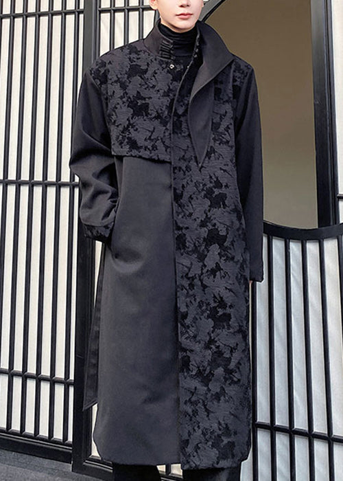 Jacquard Black Asymmetrical Tie Waist Trench Coat Winter Ro024