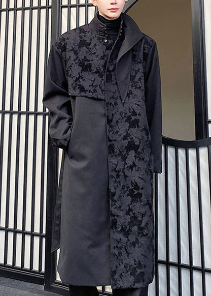 Jacquard Black Asymmetrical Tie Waist Trench Coat Winter Ro024