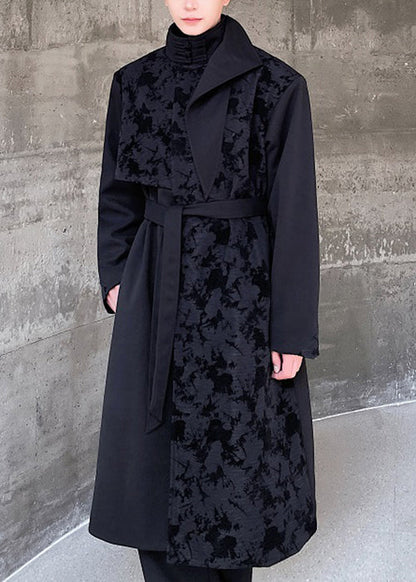 Jacquard Black Asymmetrical Tie Waist Trench Coat Winter Ro024