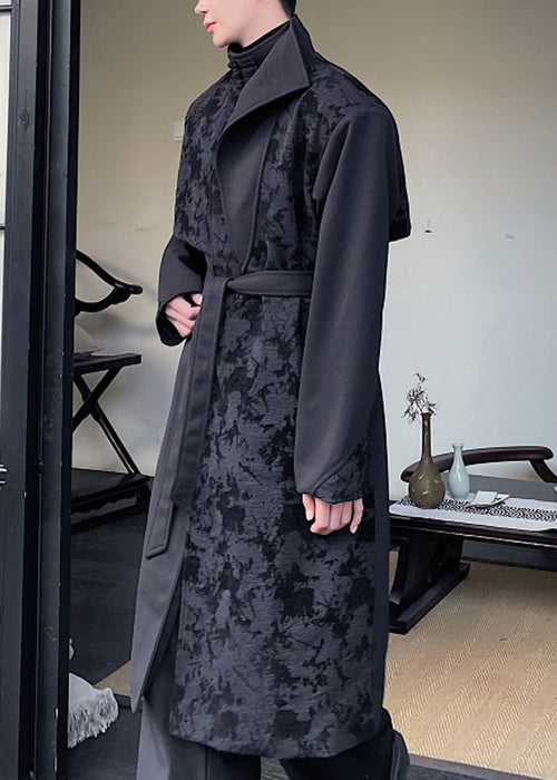Jacquard Black Asymmetrical Tie Waist Trench Coat Winter Ro024