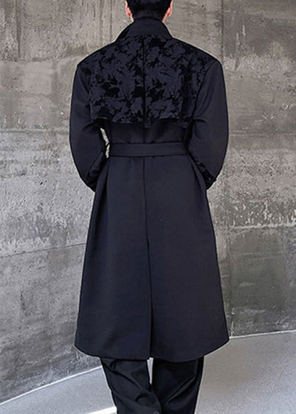 Jacquard Black Asymmetrical Tie Waist Trench Coat Winter Ro024