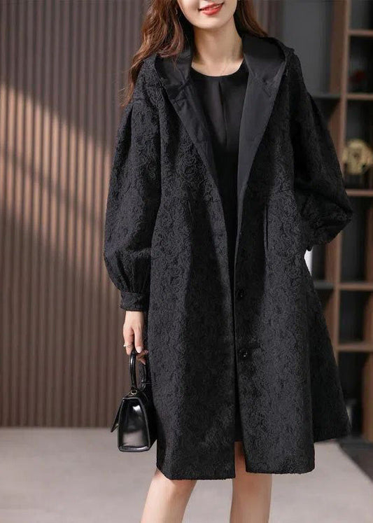Jacquard Black Button Hooded Long Coats Jacket Ly1741