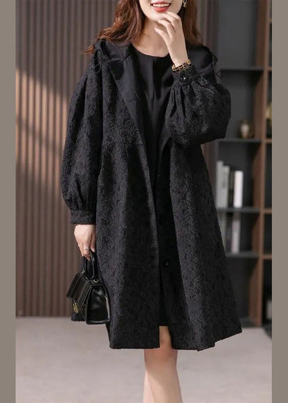 Jacquard Black Button Hooded Long Coats Jacket Ly1741