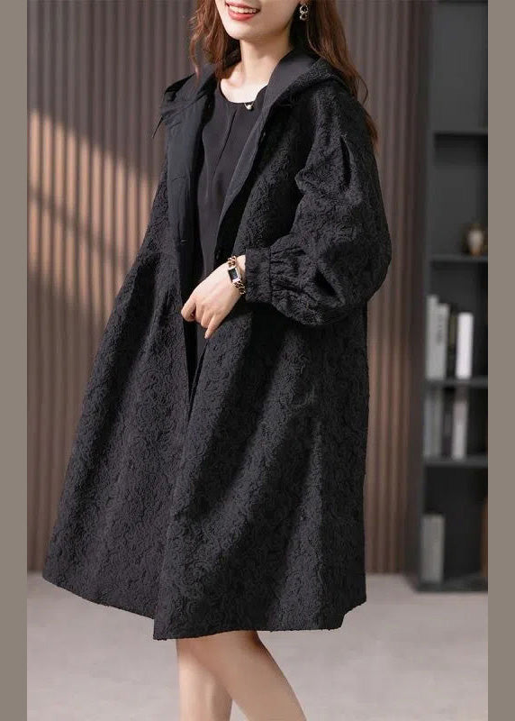 Jacquard Black Button Hooded Long Coats Jacket Ly1741