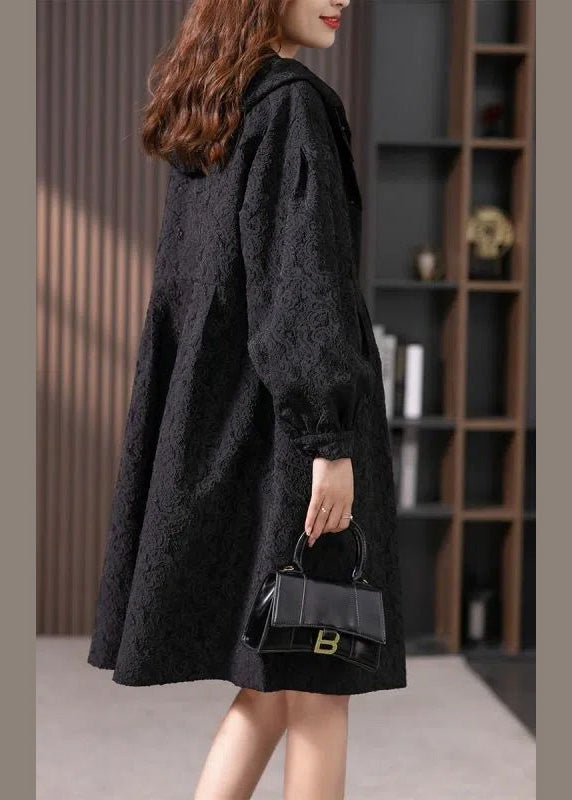 Jacquard Black Button Hooded Long Coats Jacket Ly1741