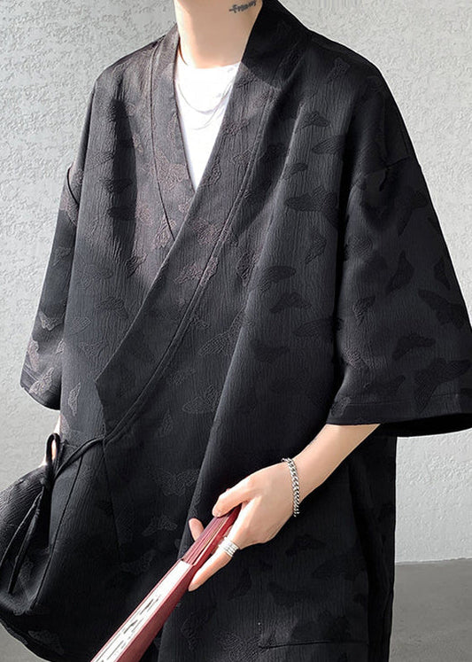 Jacquard Black Lace Up Pockets Ice Silk Coat Batwing Sleeve Yt067