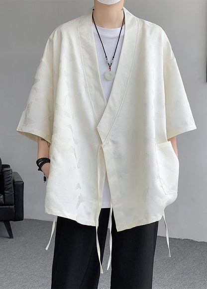 Jacquard Black Lace Up Pockets Ice Silk Coat Batwing Sleeve Yt067
