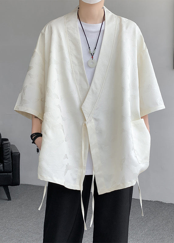 Jacquard Black Lace Up Pockets Ice Silk Coat Batwing Sleeve Yt067