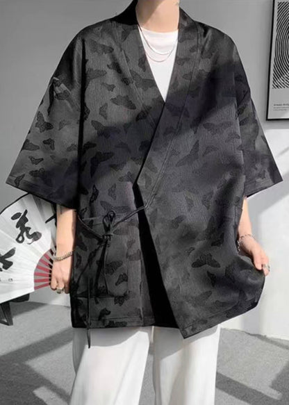 Jacquard Black Lace Up Pockets Ice Silk Coat Batwing Sleeve Yt067