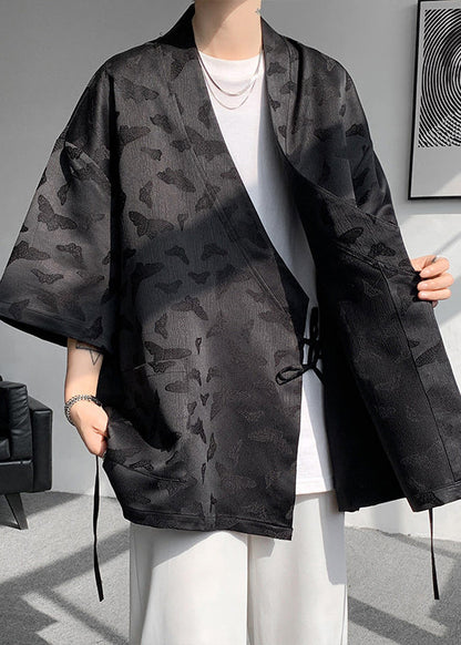 Jacquard Black Lace Up Pockets Ice Silk Coat Batwing Sleeve Yt067