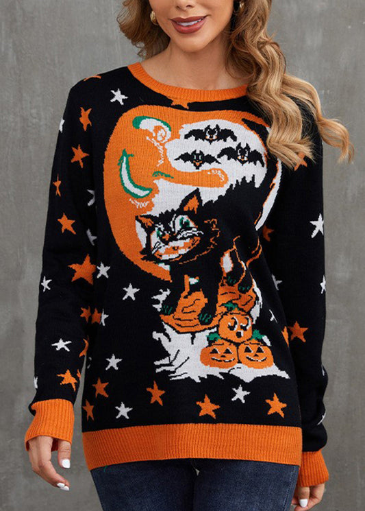 Jacquard Black O Neck Cozy Knit Sweaters Long Sleeve Ae1009