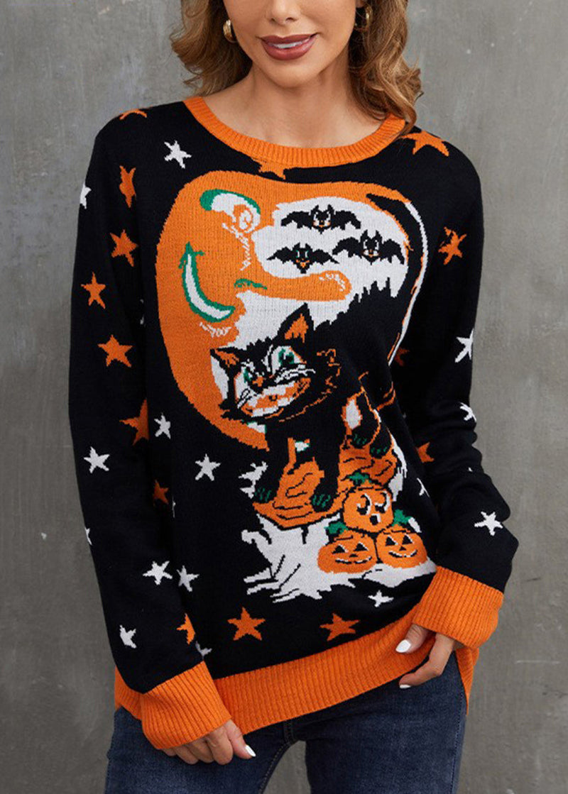 Jacquard Black O Neck Cozy Knit Sweaters Long Sleeve Ae1009