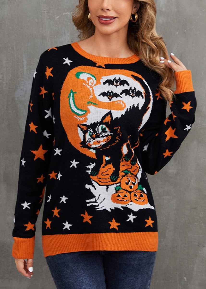 Jacquard Black O Neck Cozy Knit Sweaters Long Sleeve Ae1009