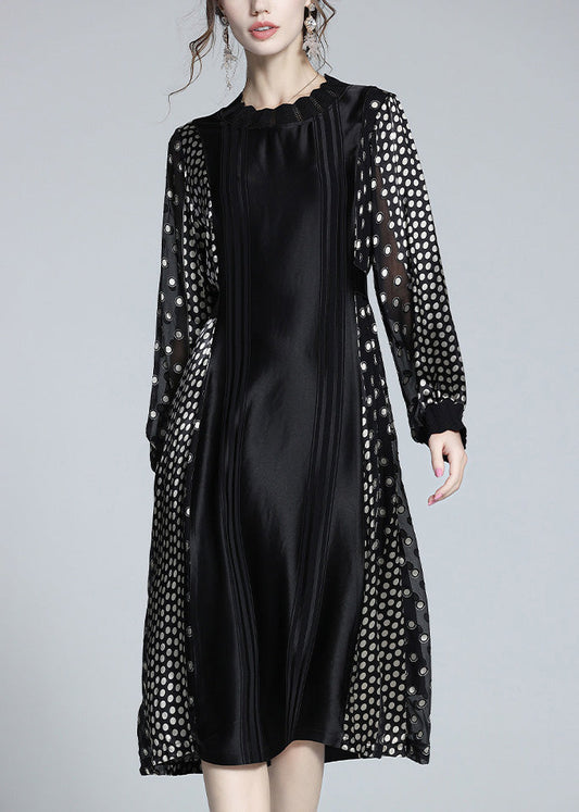 Jacquard Black O-neck Patchwork Dot Party Long Dress Long Sleeve Ly1047
