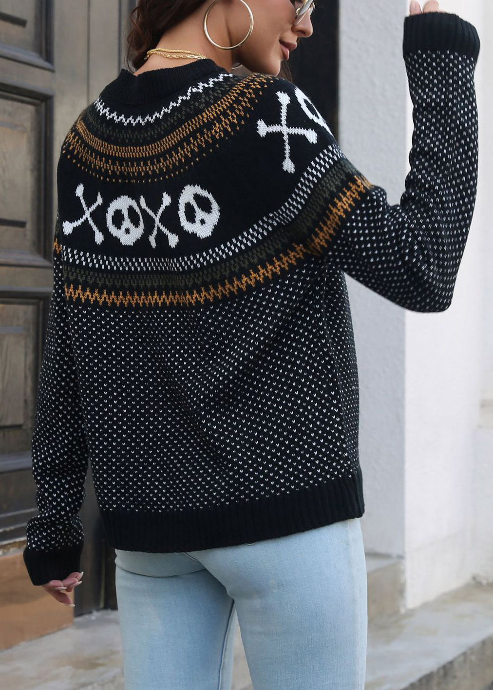Jacquard Black O Neck Patchwork Knit Sweaters Long Sleeve Ae1024