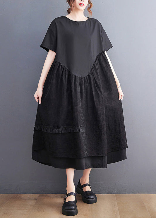 Jacquard Black Patchwork Wrinkled Maxi Dresses Summer Ac2068