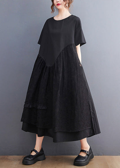 Jacquard Black Patchwork Wrinkled Maxi Dresses Summer Ac2068