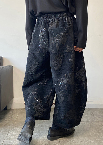Jacquard Black Pockets Elastic Waist Crop Pants Spring Rm026