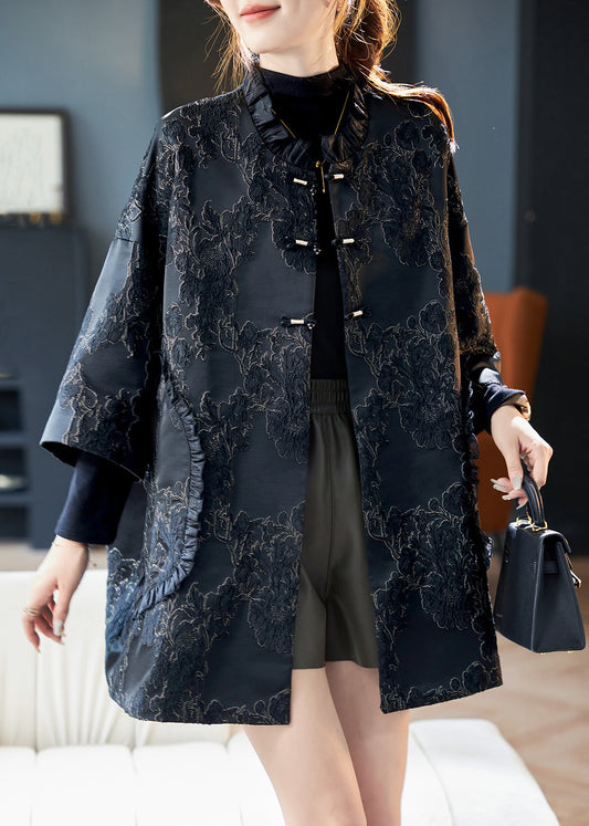 Jacquard Black Ruffled Button Cotton Coats Bracelet Sleeve Ab1025
