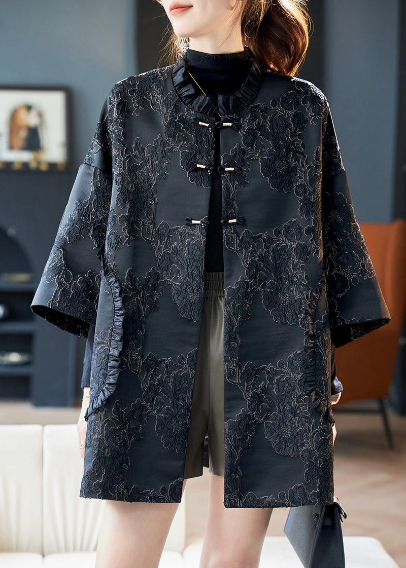 Jacquard Black Ruffled Button Cotton Coats Bracelet Sleeve Ab1025