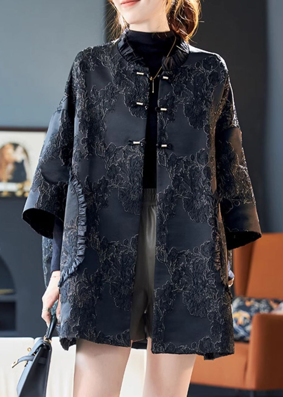 Jacquard Black Ruffled Button Cotton Coats Bracelet Sleeve Ab1025
